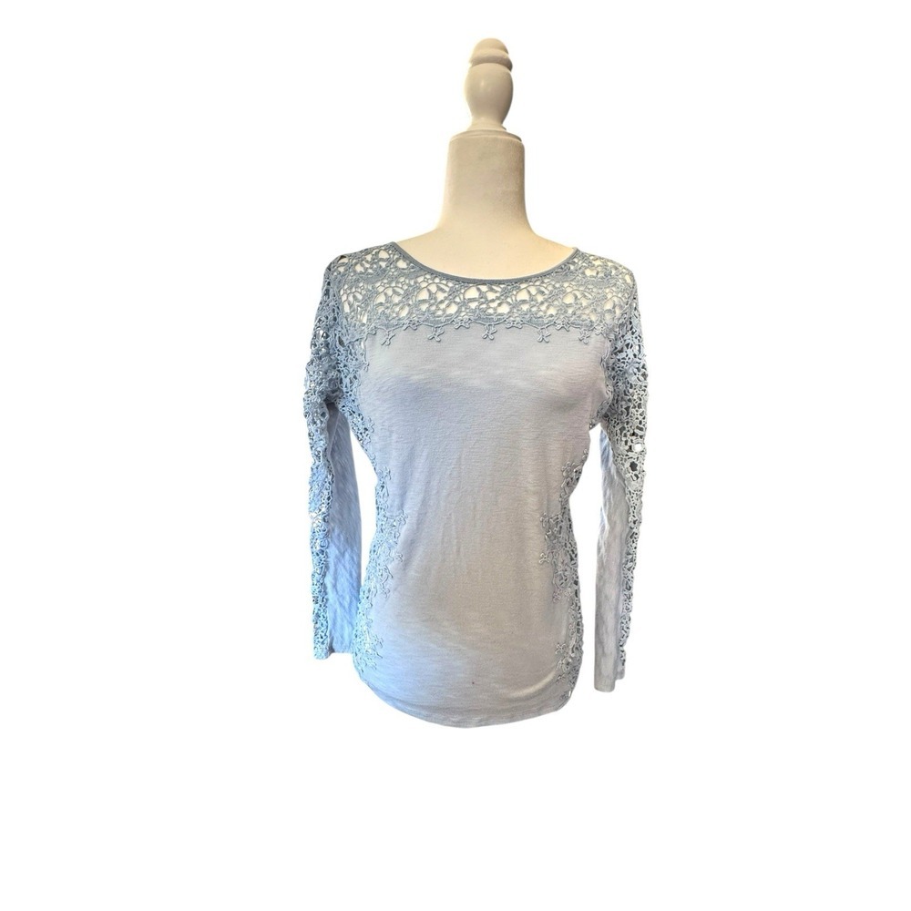 Sundance Light Blue Lace Knit Top Women's S Boho Preppy Long Sleeve Tee